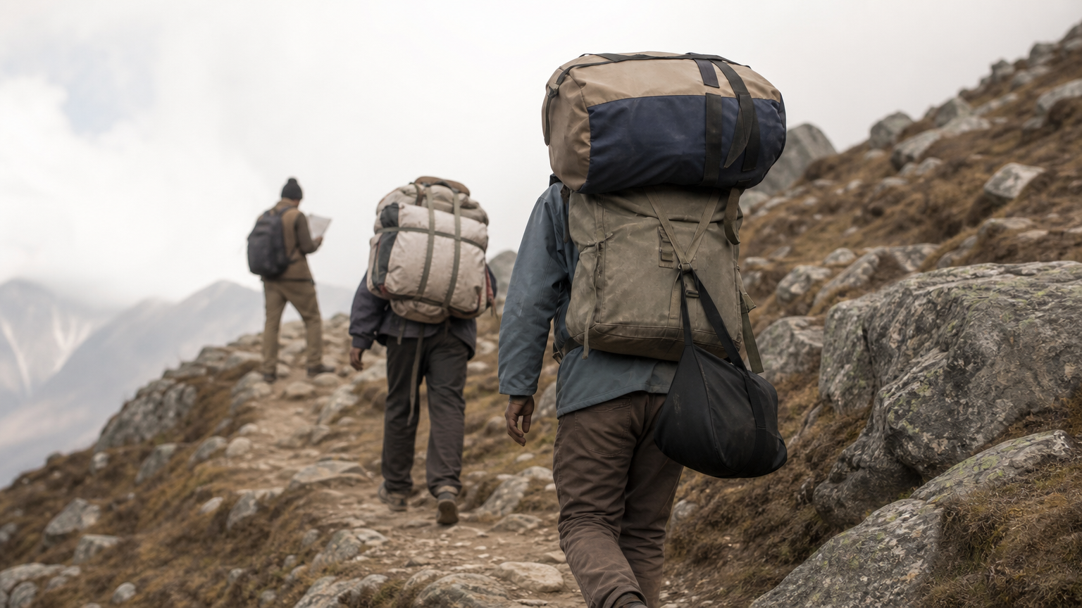 A line of porters and a guide hike a mountain trail carrying loaded packs.