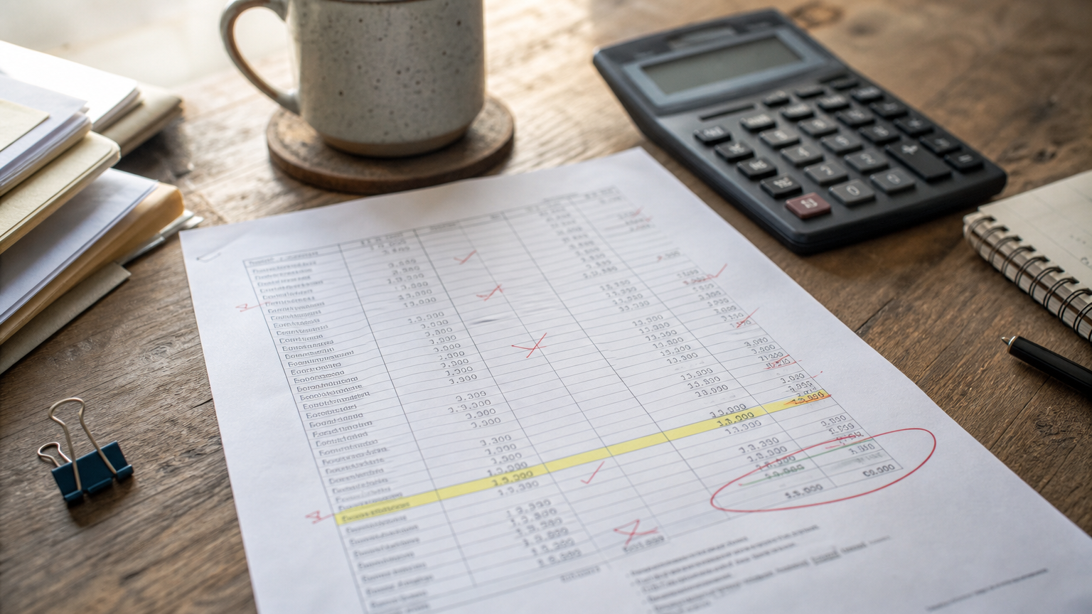 A trial balance printout marked with red pen corrections next to a calculator on a desk.