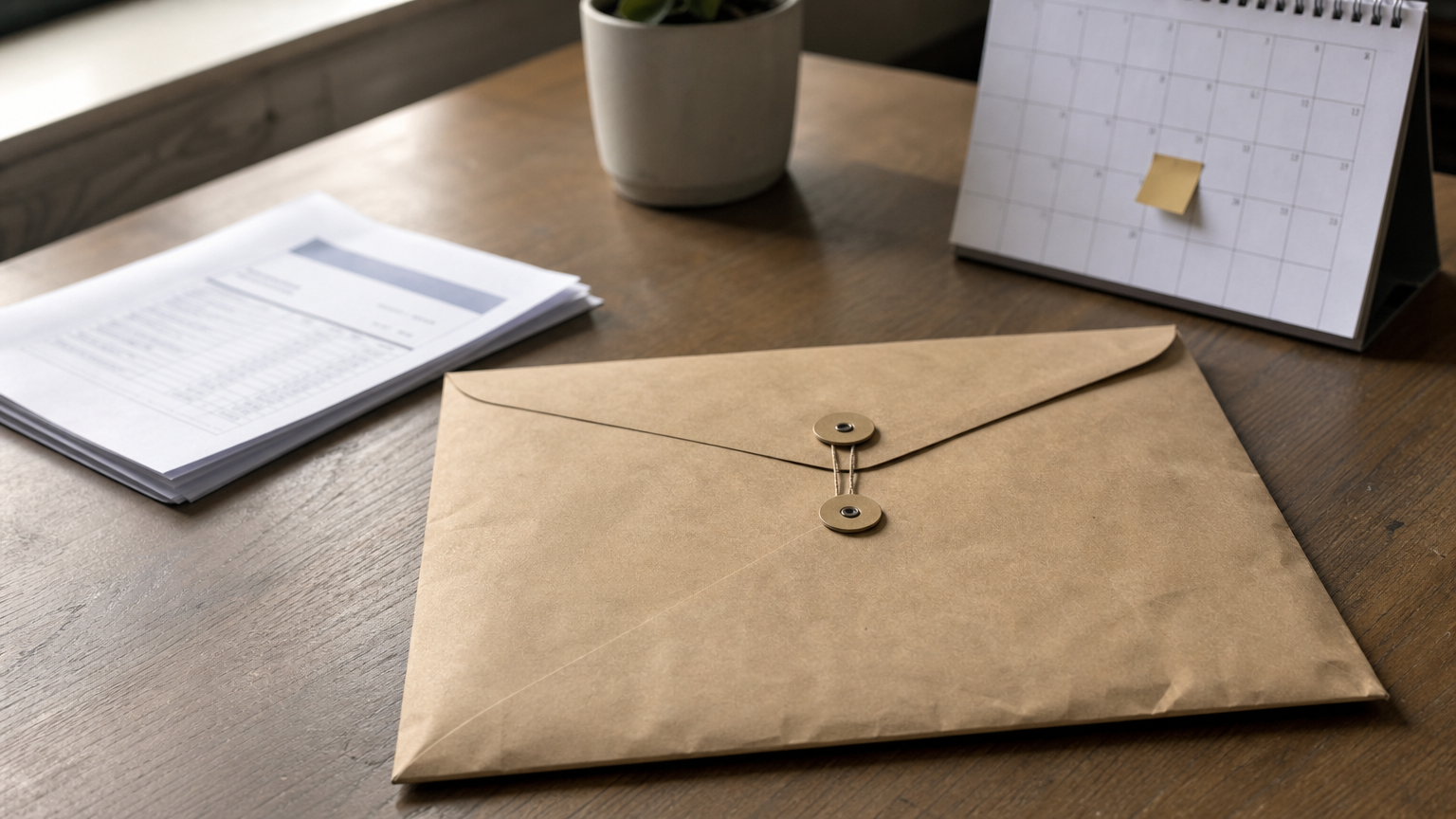 An envelope marked legal notice sits on a desk next to an overdue invoice and a marked calendar.