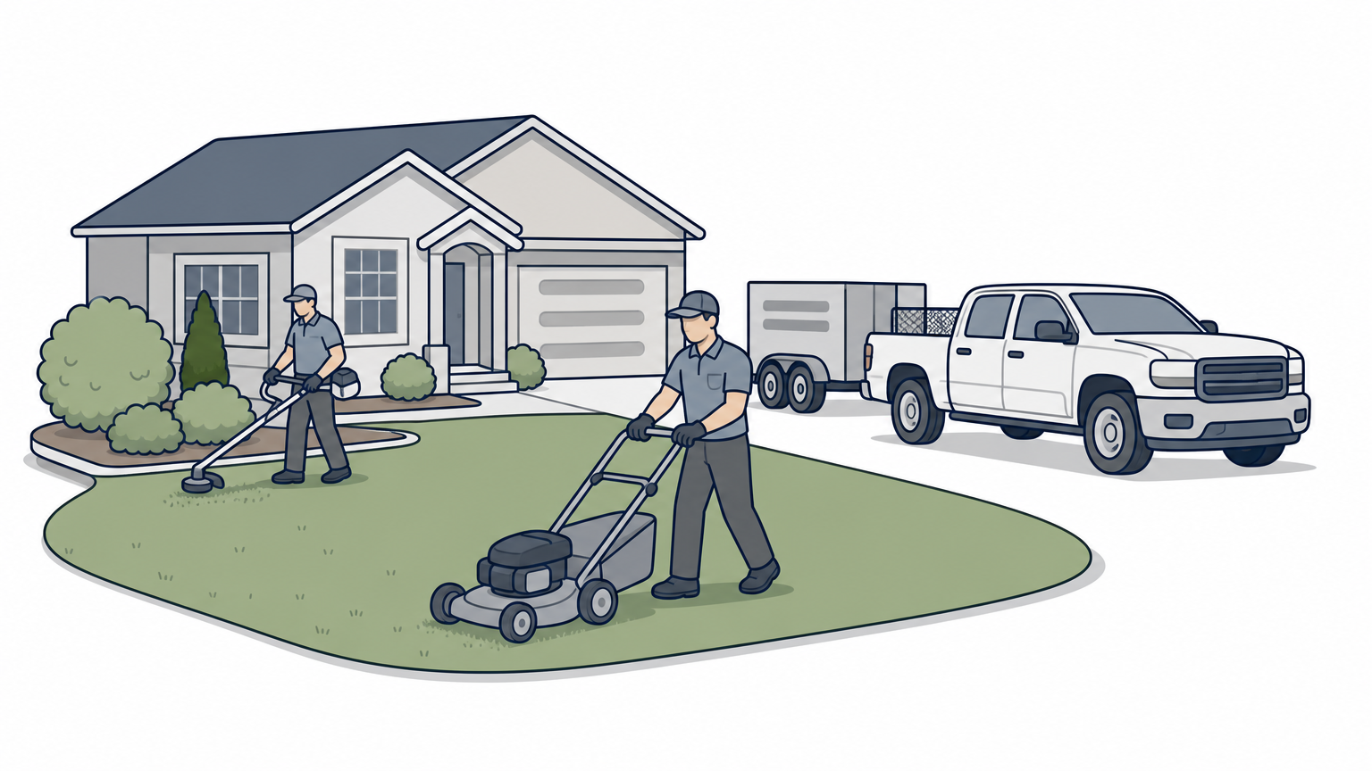 A branded lawn care crew mows a suburban front yard with their truck and trailer parked nearby.