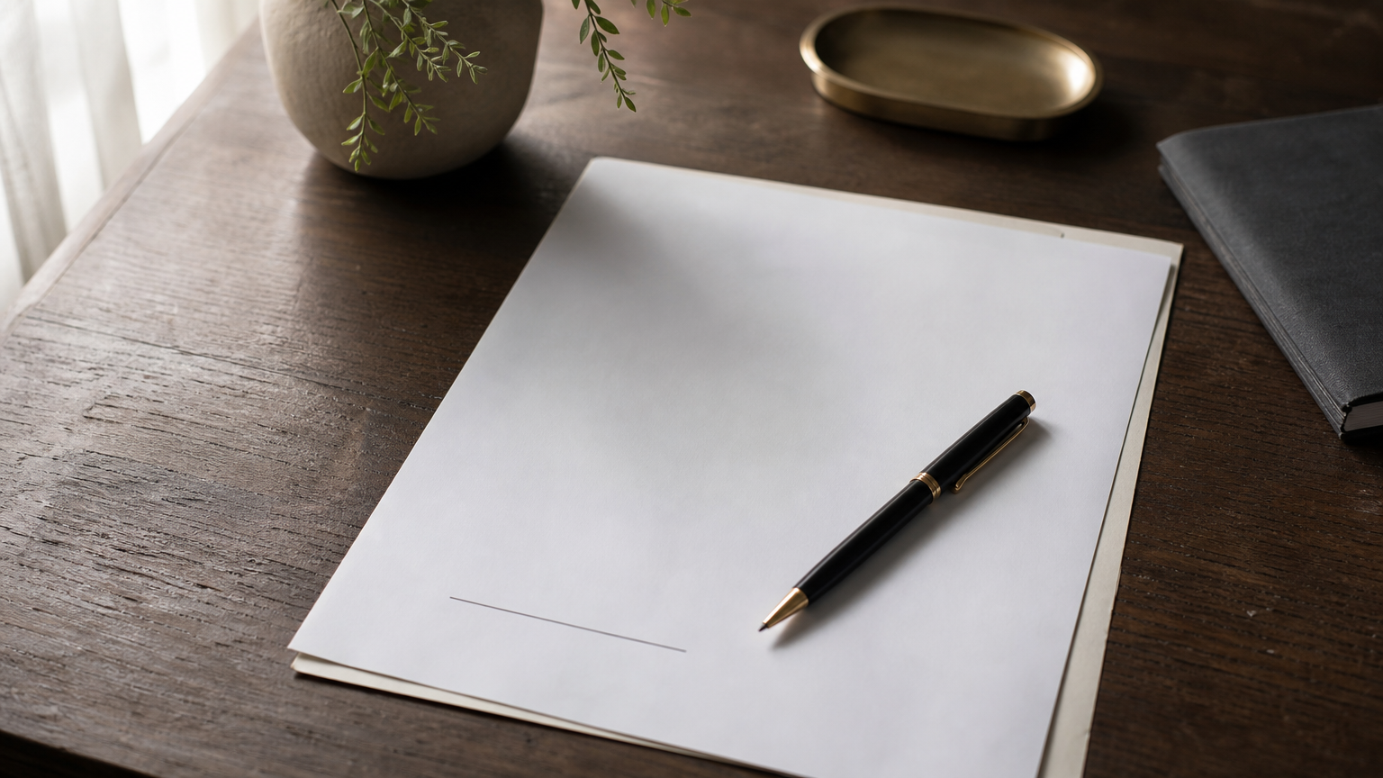 A printed legal notice on letterhead with a pen placed on top awaiting signature.