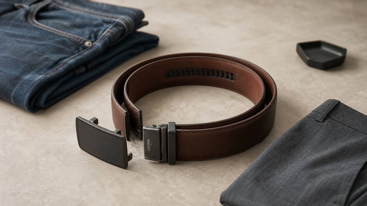 Ceinture en cuir avec boucle à cliquet posée entre un jean et un pantalon de costume.