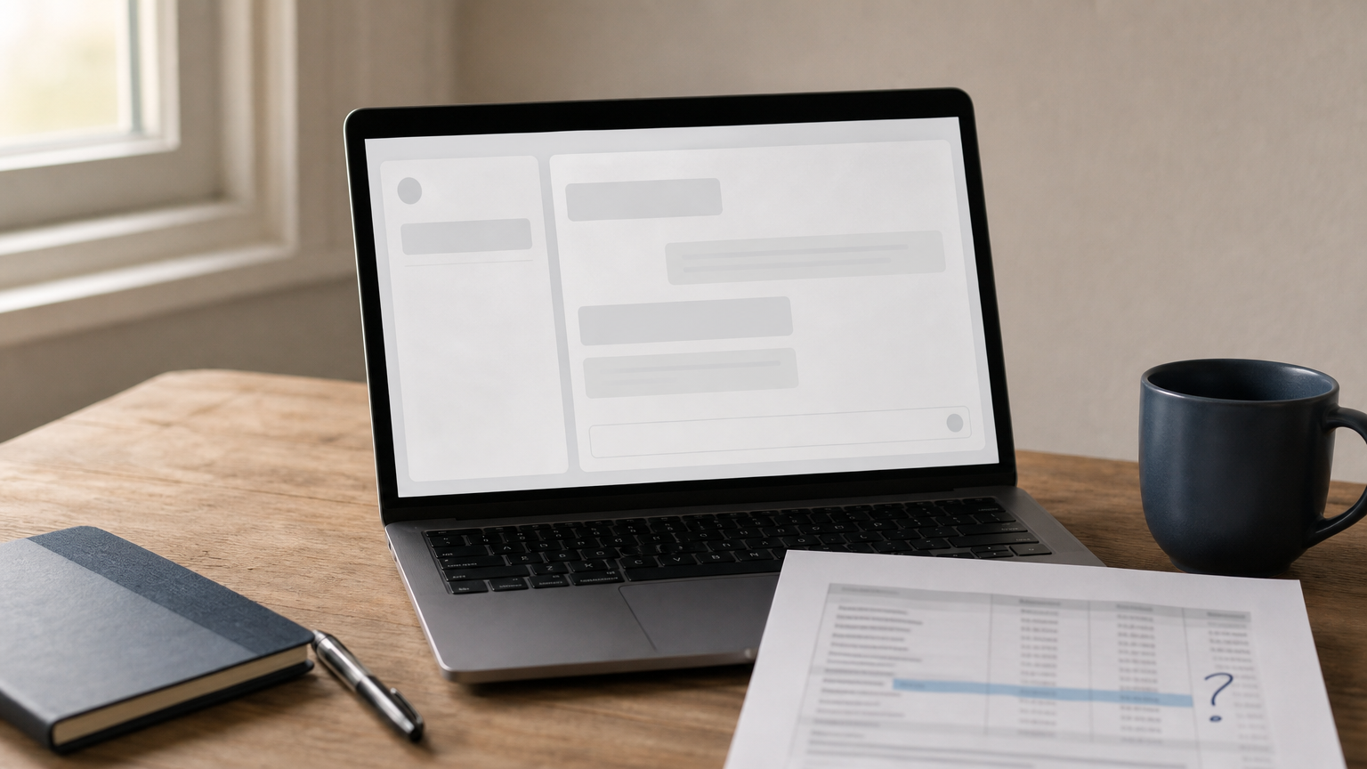 A laptop with a chatbot response sits beside a printed case study page marked with a question mark.