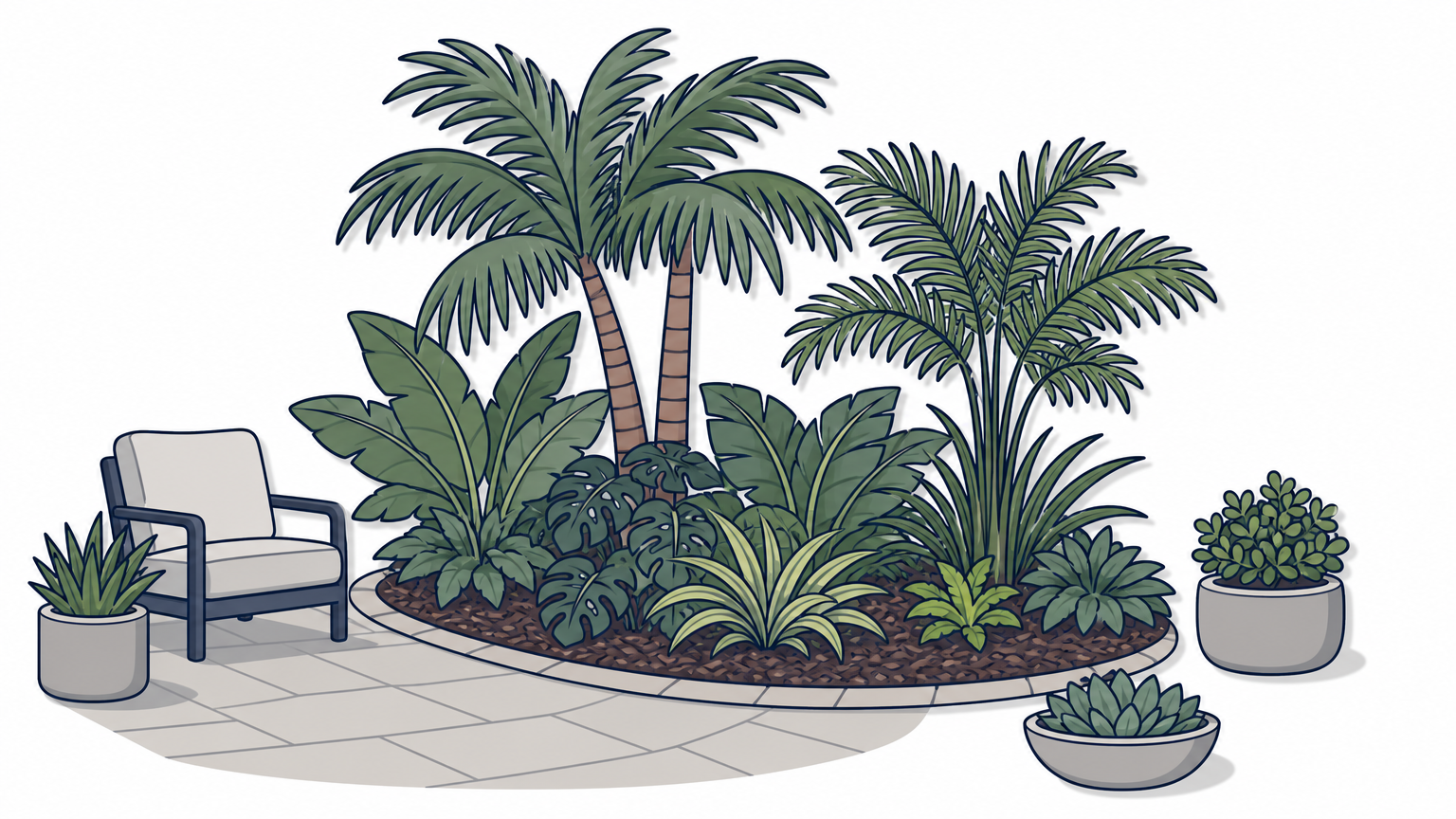 A layered tropical garden with palms and broad-leafed plants bordering a curved patio.