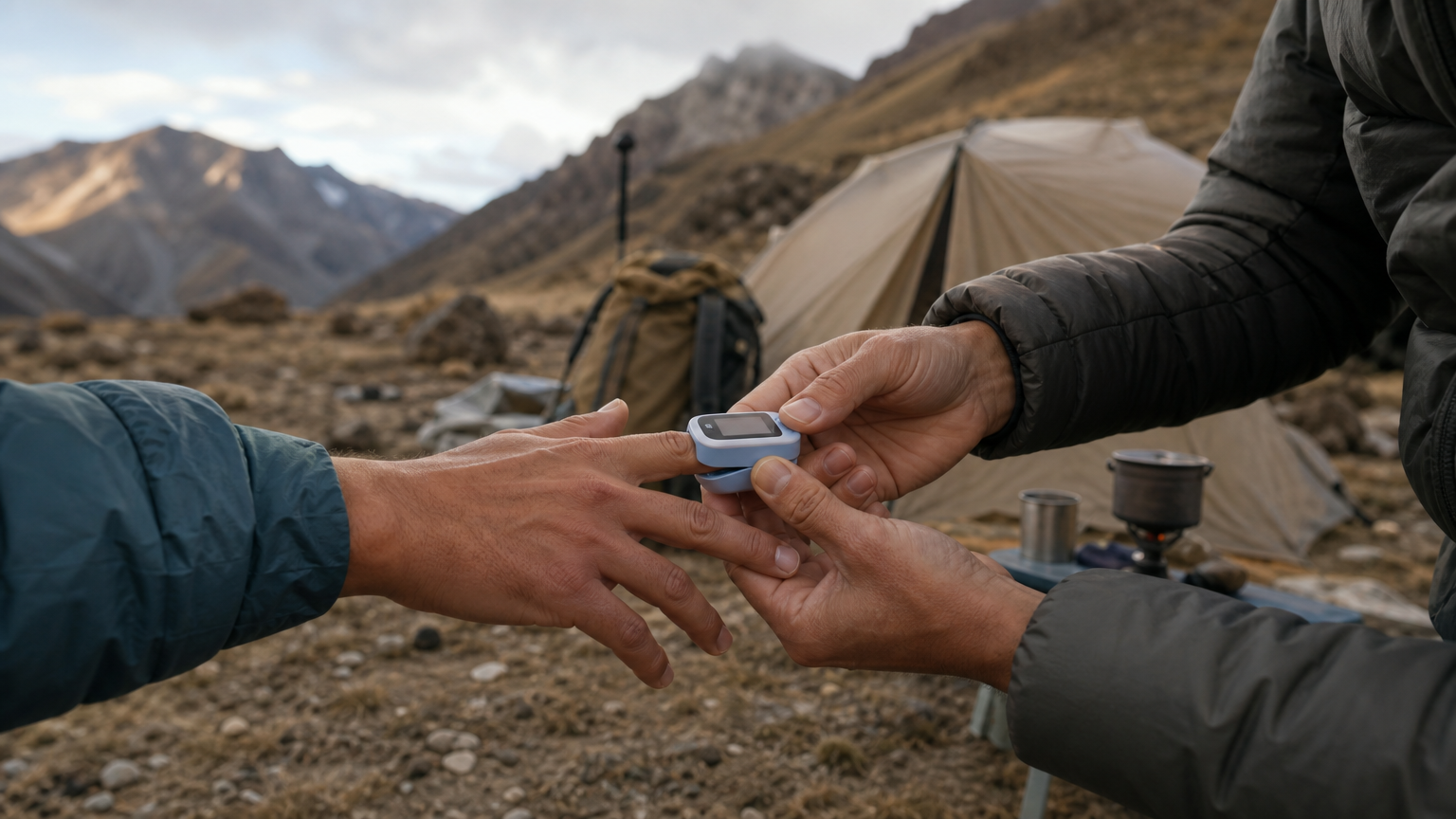 A guide checks a climber's pulse oximeter reading at a mountain campsite.