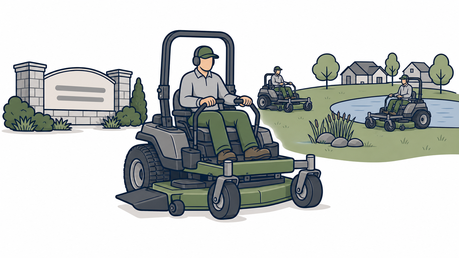 Workers on large riding mowers maintain a wide HOA common area near a retention pond and entrance sign.