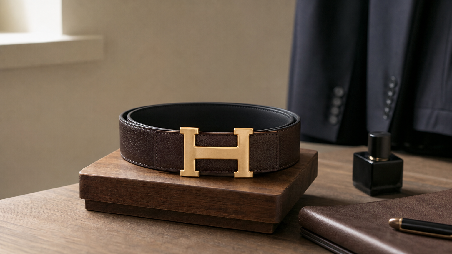 Ceinture réversible à boucle en forme de H posée devant un costume sombre.