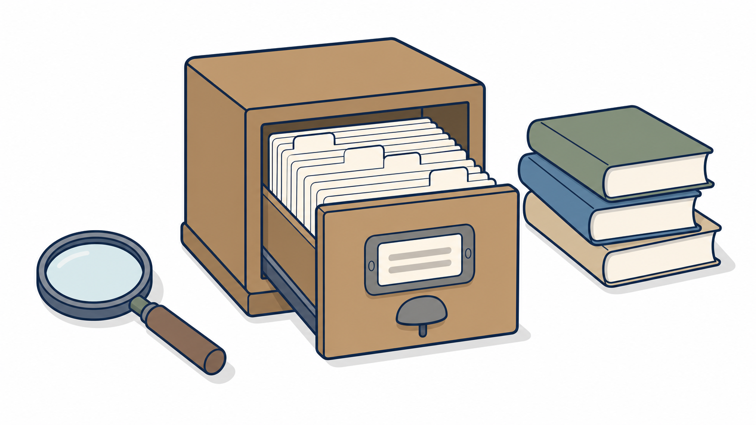 A card catalog drawer with index cards beside a magnifying glass and books.
