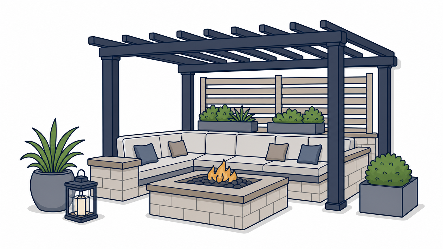 A backyard fire pit surrounded by outdoor sofas and a pergola at dusk.