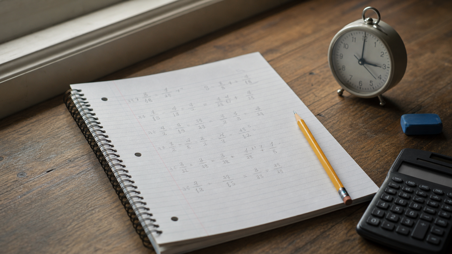 A notebook with handwritten math calculations, a pencil, and a calculator on a desk.