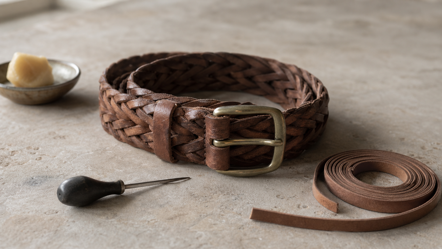 Ceinture en cuir tressé à la main posée près de lanières de cuir non tressées.
