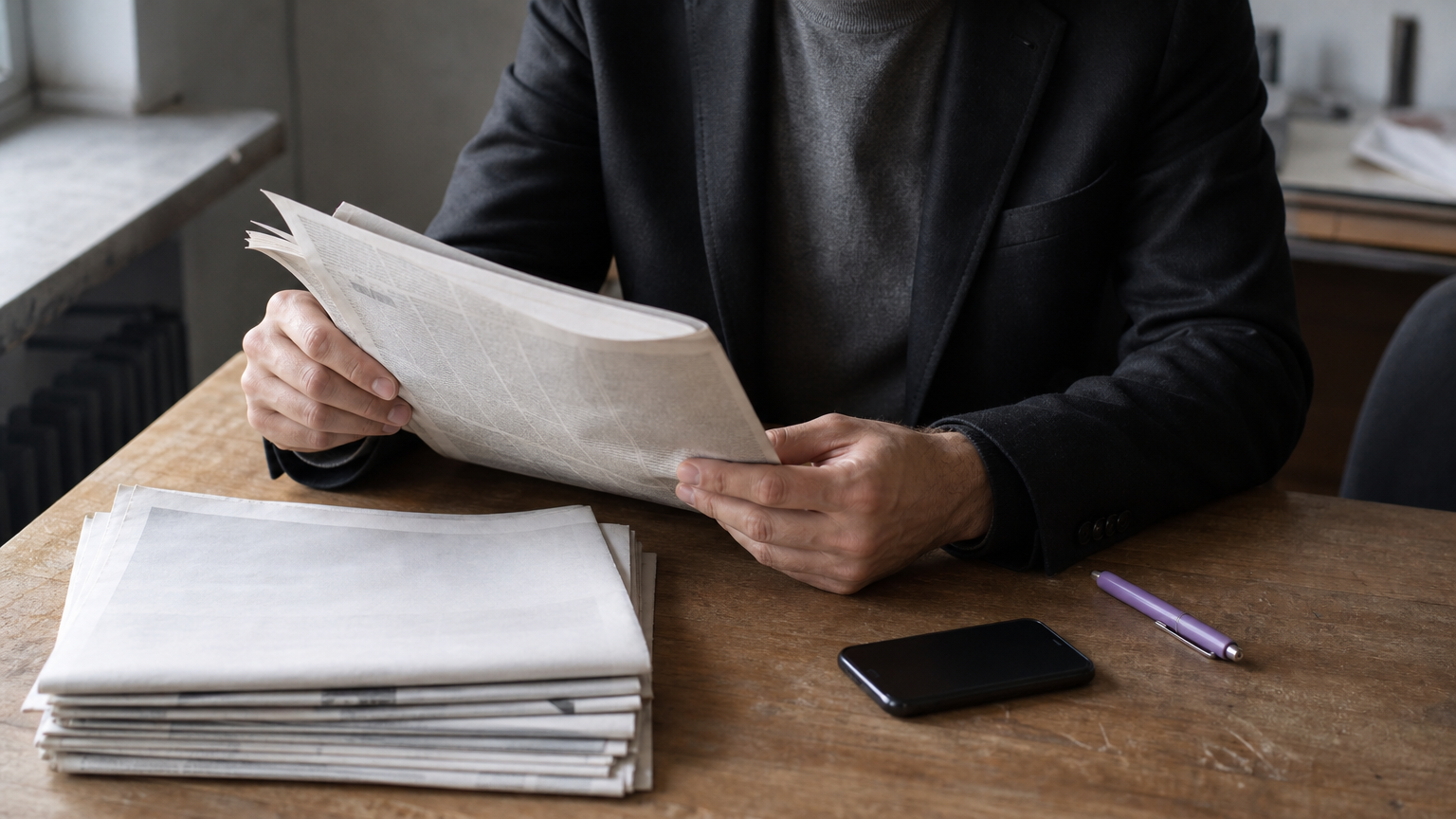 A journalist reads a printed business article at a newsroom desk surrounded by newspapers and a smartphone.