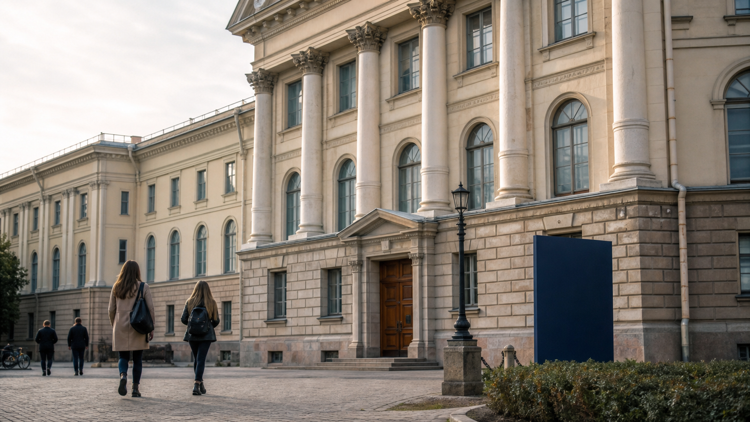 Historic Saint Petersburg university building with students walking outside.
