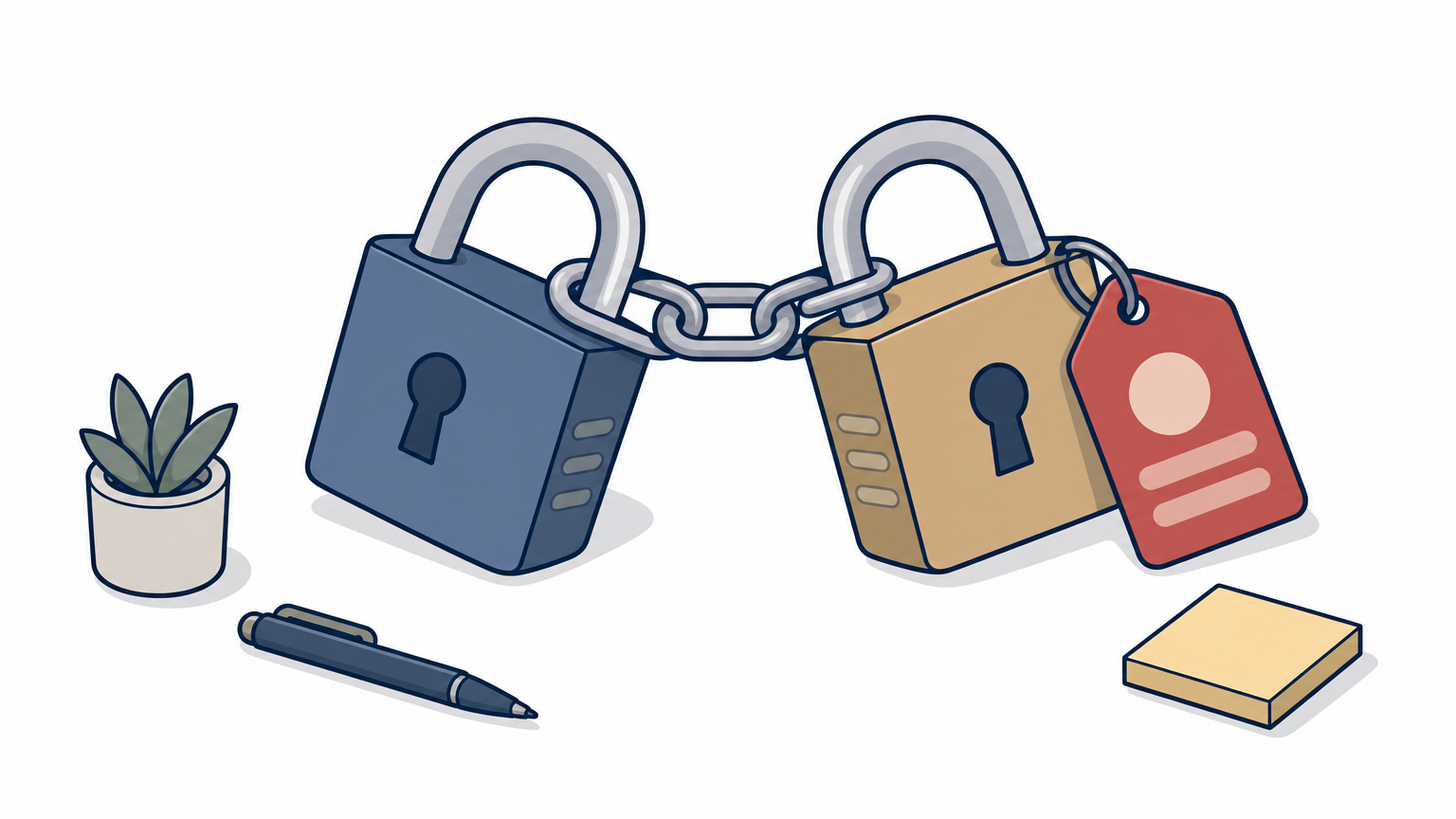 Two padlocks chained in opposite directions with a red warning tag attached.