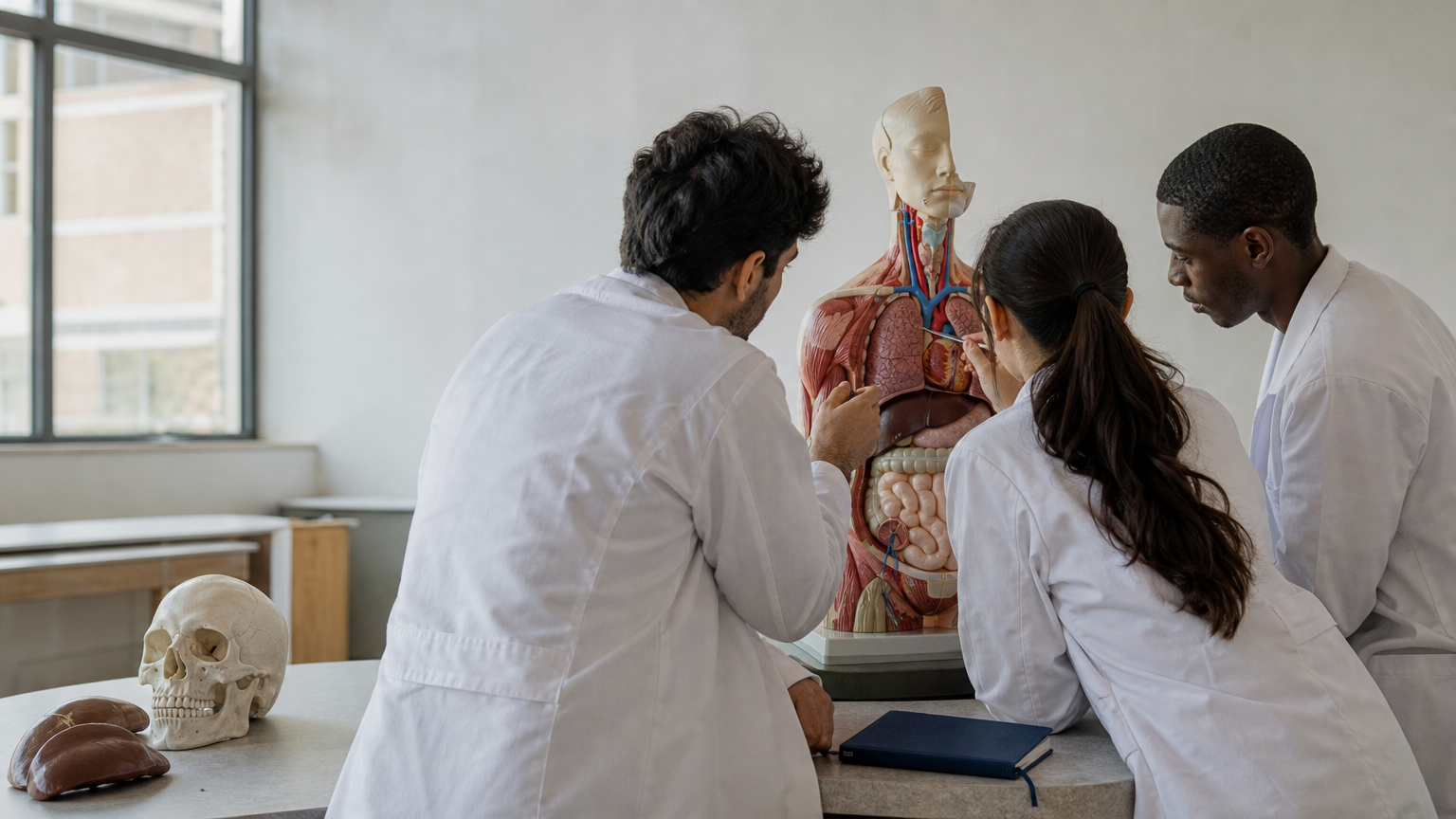 International medical students examining an anatomy model in a university lab.