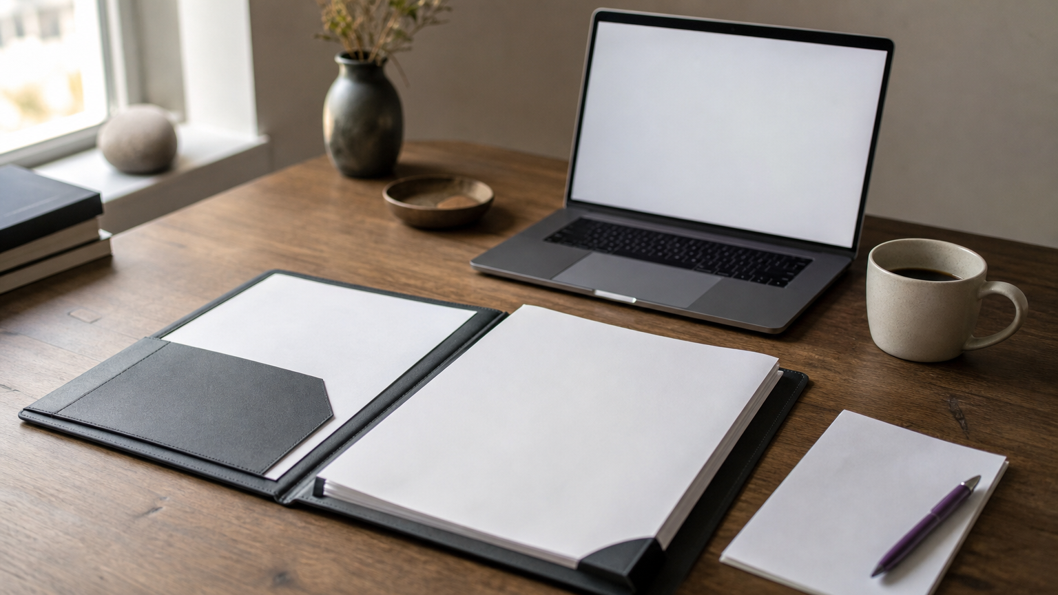 A desk displays a media kit folder, laptop with a monitoring dashboard, and a printed journalist contact list.