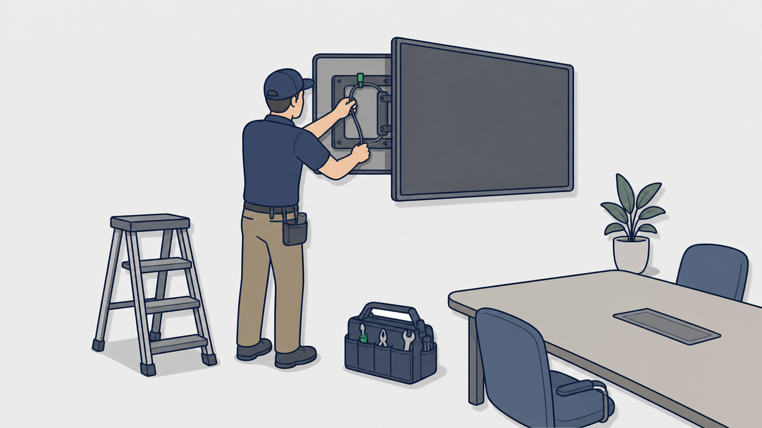 A technician installs a wall-mounted television and routes cables in a modern conference room.