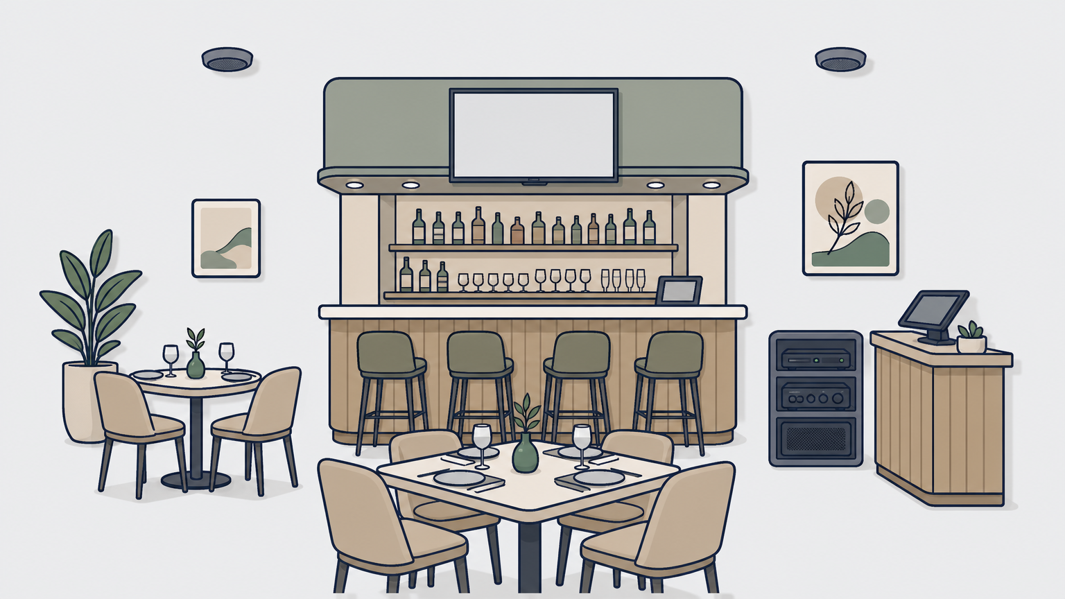 A restaurant bar area features a mounted television and ceiling speakers for zoned audio.