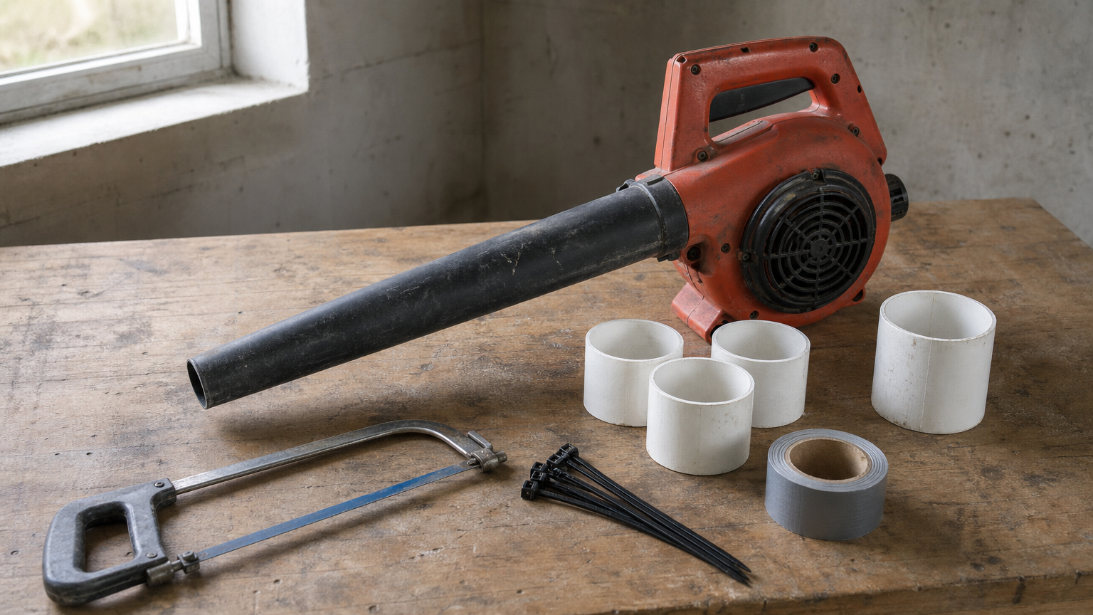 Workbench with PVC pipe, hacksaw, zip ties, and a leaf blower arranged for building a gutter tool.
