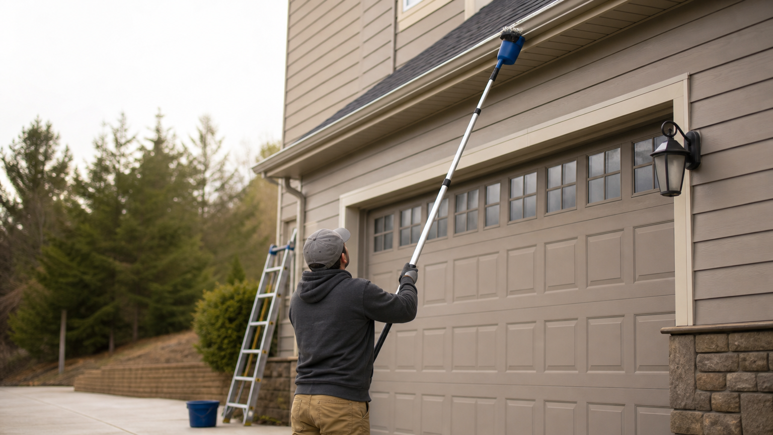 Person on the ground using a long extension pole to reach gutters without a ladder.
