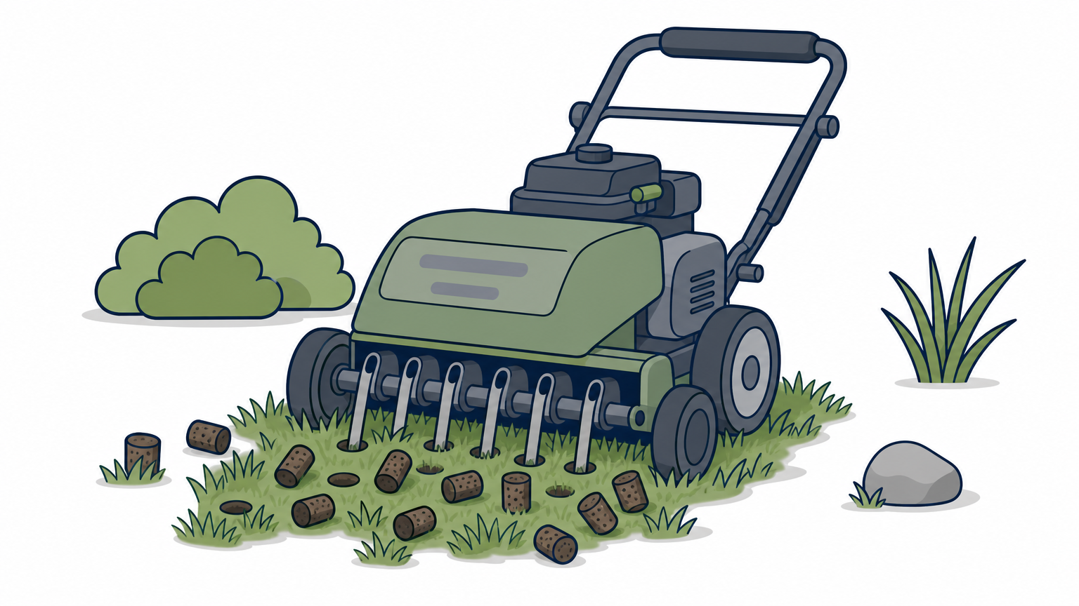 A lawn aerator machine removes small soil plugs from a grassy yard.