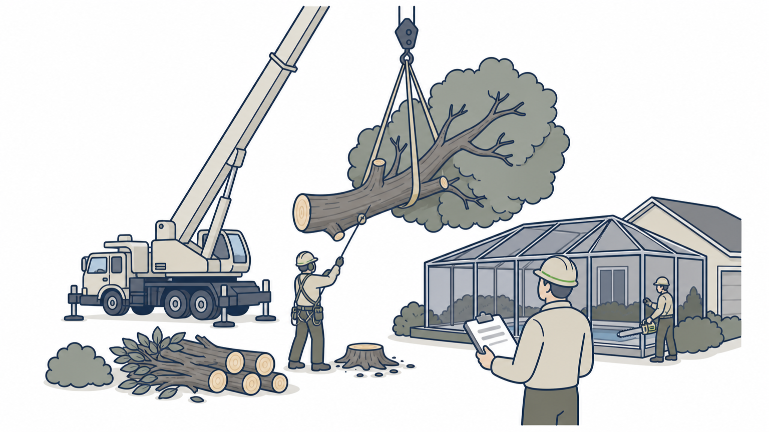 A project manager oversees a tree removal crew using a crane near a backyard pool.