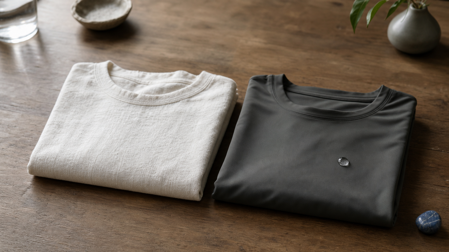 Two folded t-shirts side by side, one cotton and one polyester, with a water droplet on the synthetic fabric.