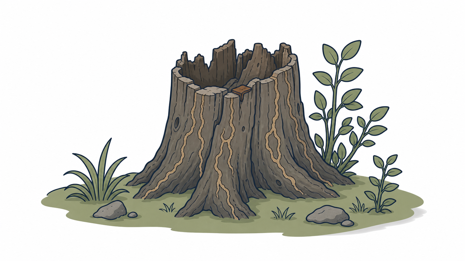 A rotting tree stump in grass showing termite damage and new sucker shoots growing from its base.