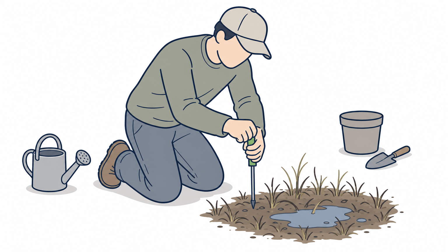 A person tests lawn soil compaction with a screwdriver near thinning grass and standing water.