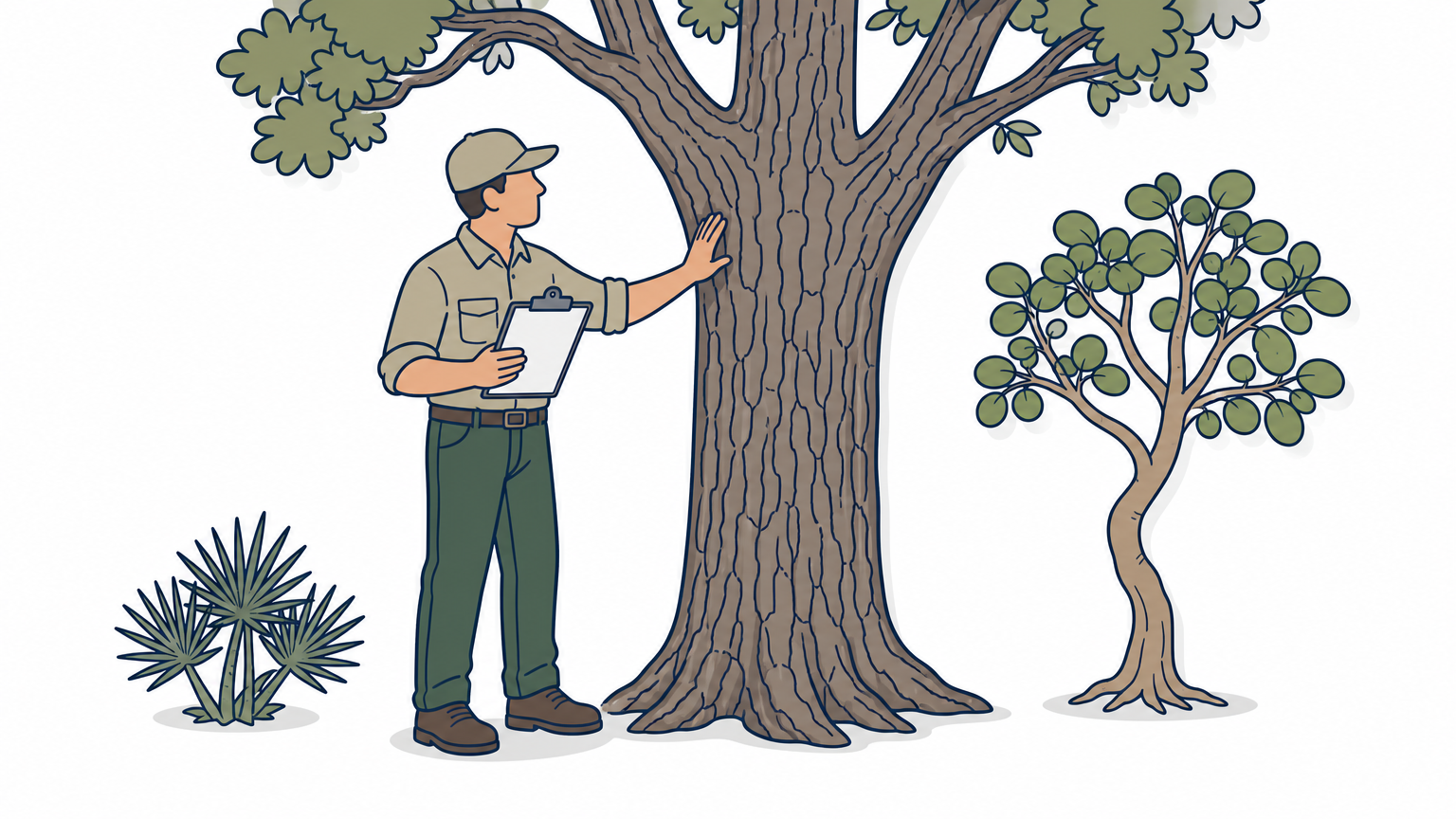 An arborist examines a mature oak tree trunk while holding a clipboard in a yard.