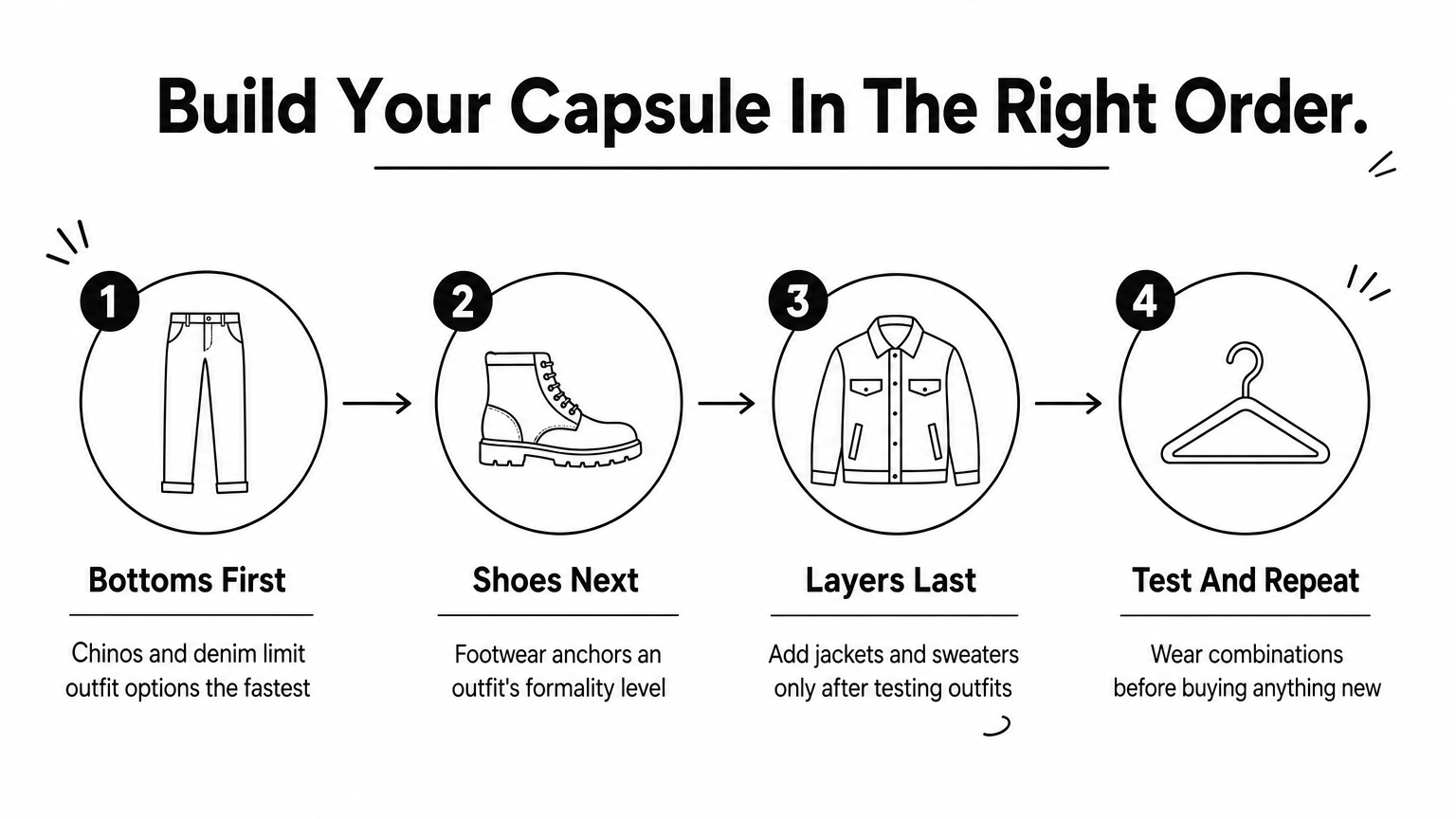 Process diagram showing the order to buy capsule wardrobe pieces: bottoms, shoes, layers, then testing.