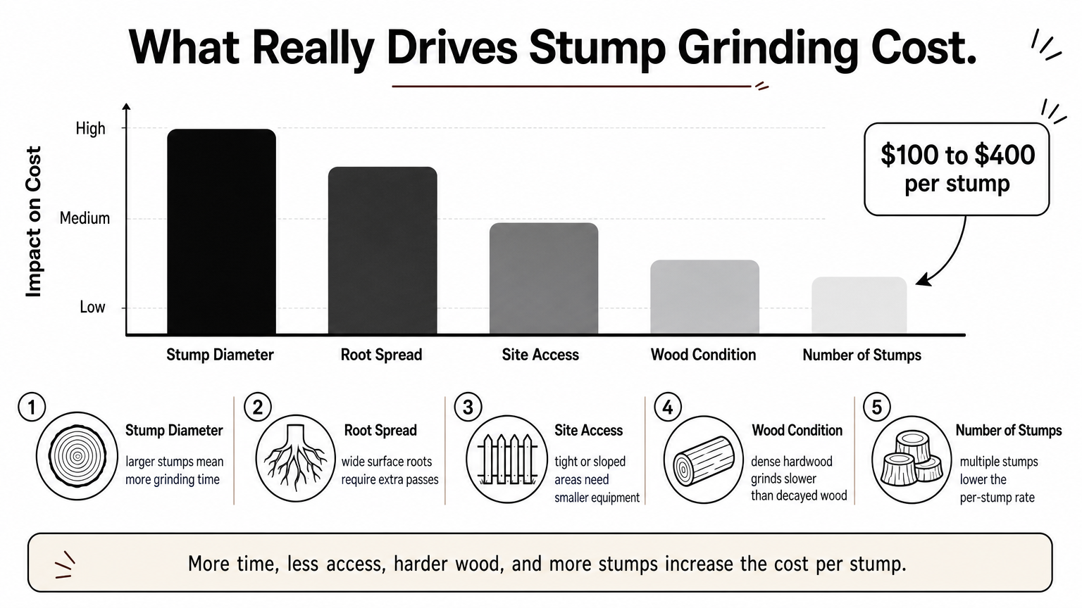 Chart showing five factors that affect stump grinding cost, from diameter to number of stumps.