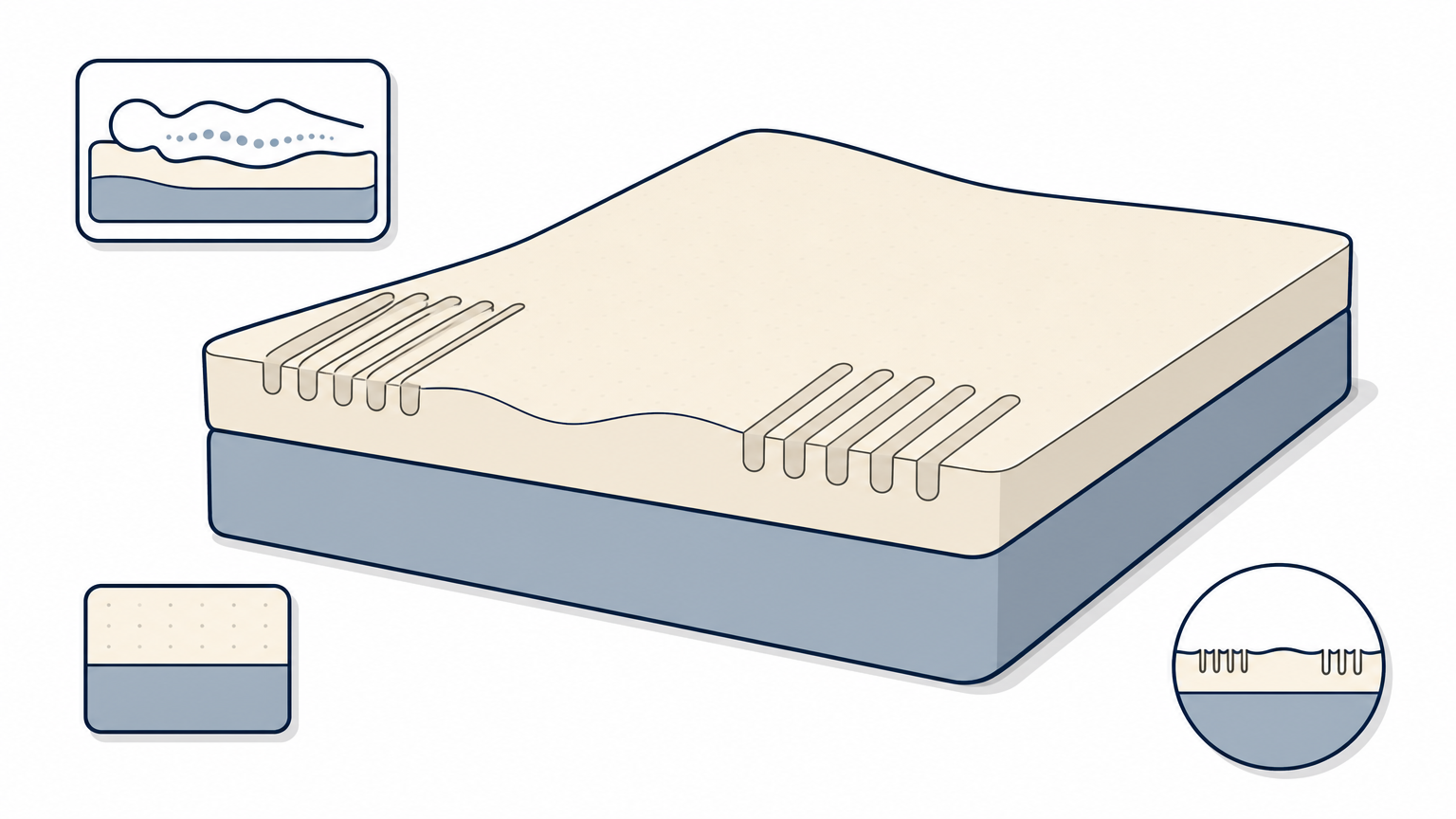 Cutaway view of a foam mattress showing a firm base layer and a softer zoned top layer.