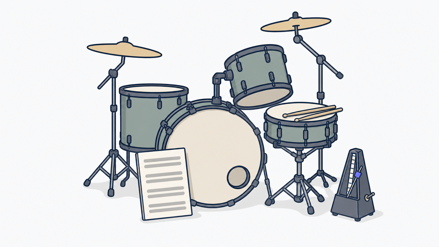A drum kit with sticks on the snare, a metronome, and sheet music propped against the bass drum.