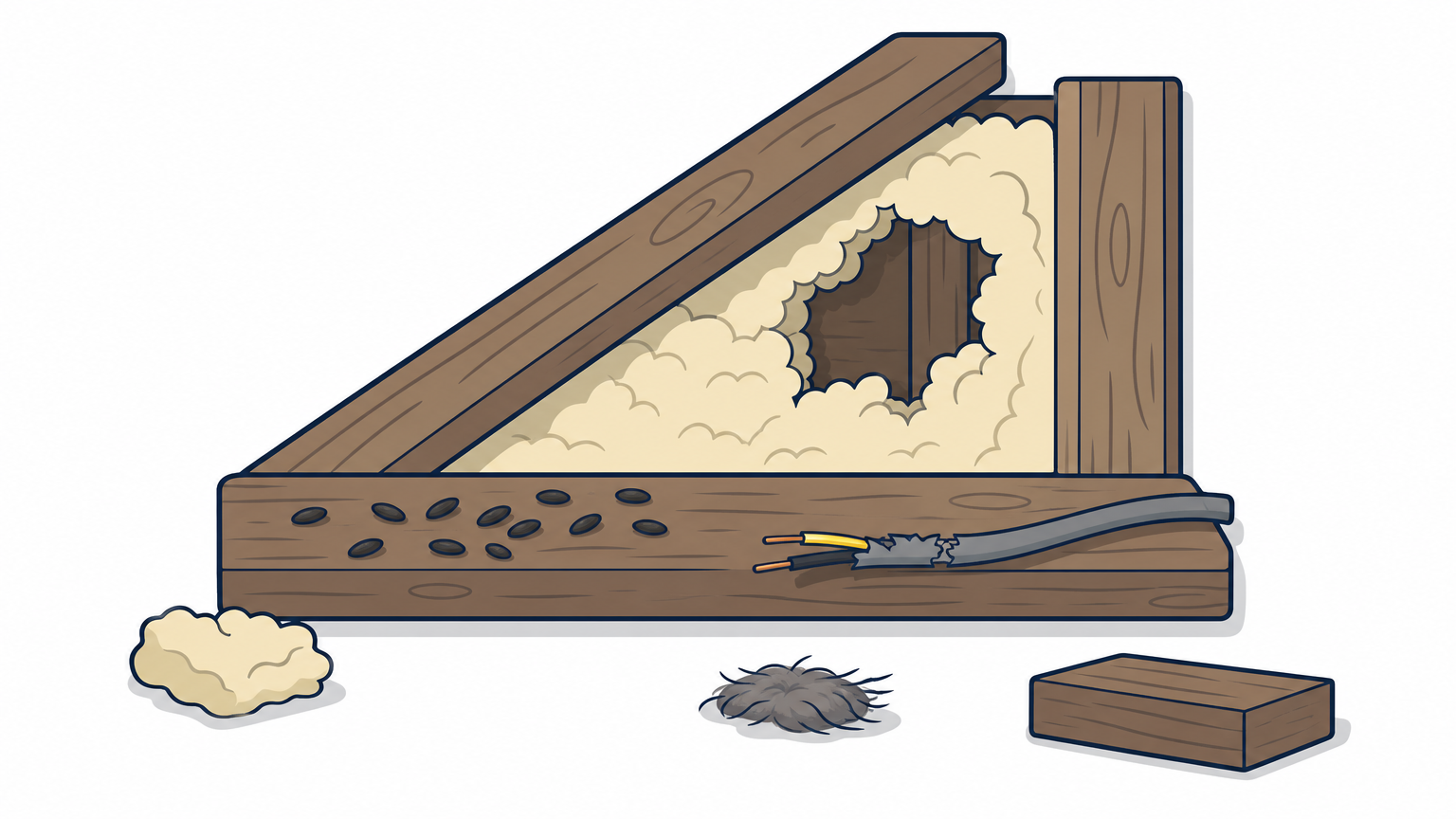 An attic beam showing droppings, gnaw marks, and torn insulation from rats.