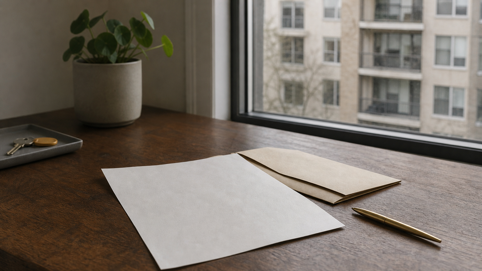 A desk with a printed legal notice, envelope, and pen near a window overlooking apartment buildings.