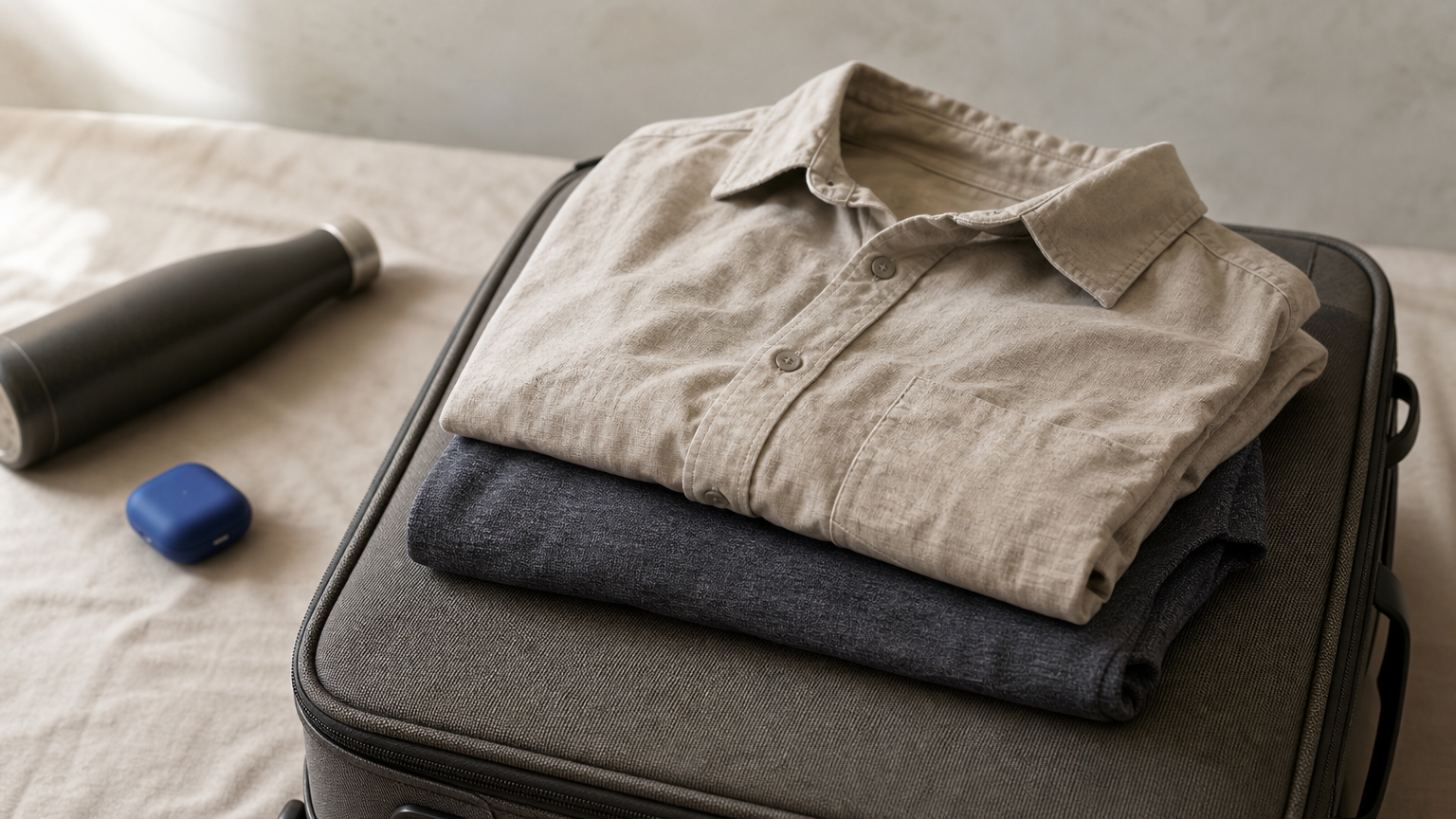 A folded travel shirt and gym shirt stacked on a suitcase, showing blended fabric texture.