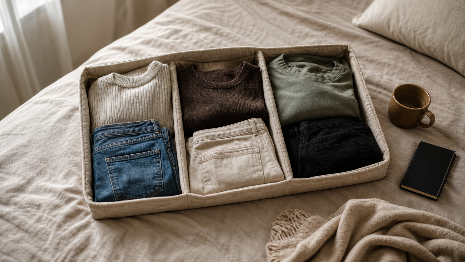 Three folded outfits arranged on a bed representing a weekly clothing rotation.