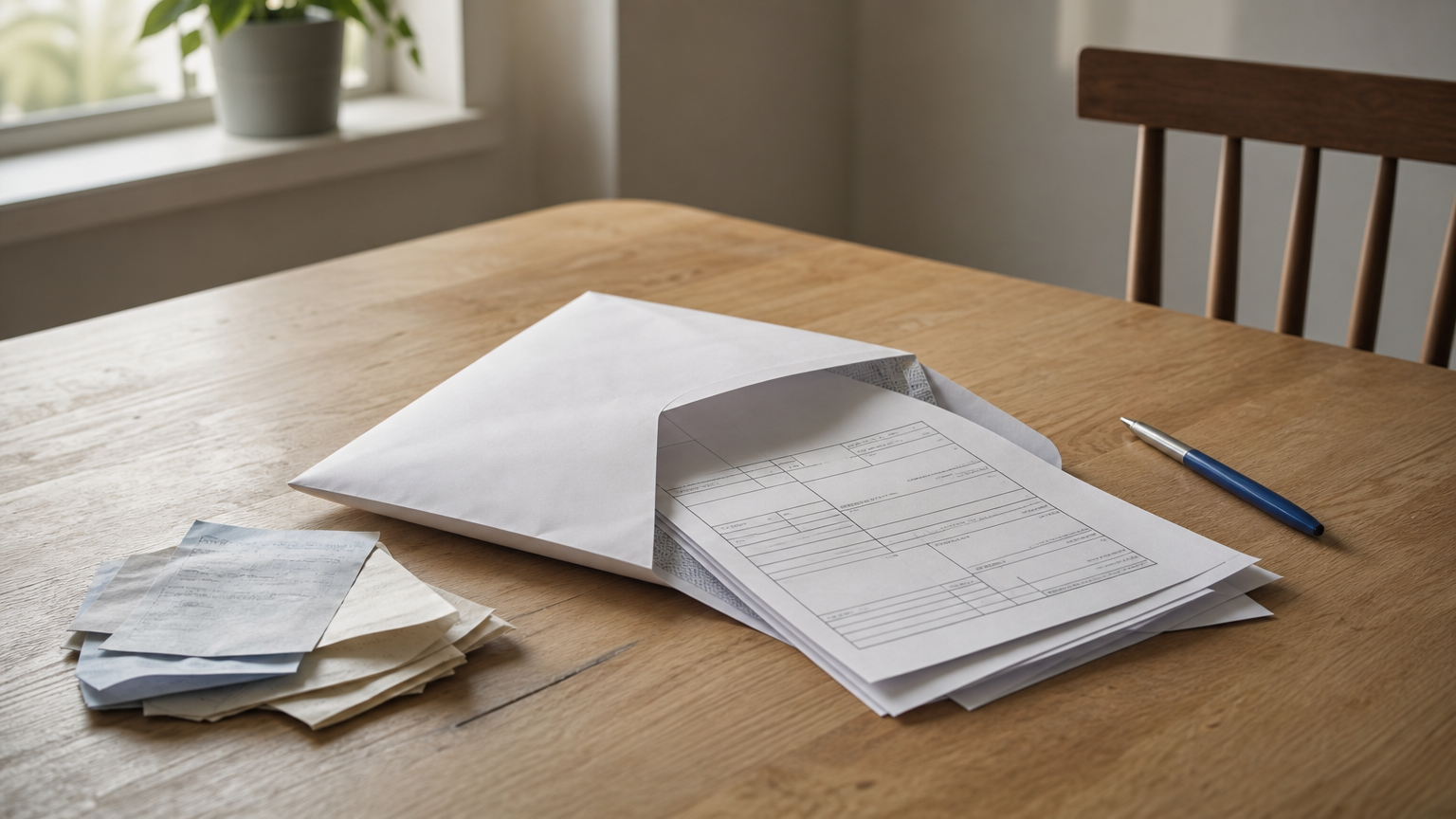 An opened envelope with a 1099-C tax form and old statements on a table.