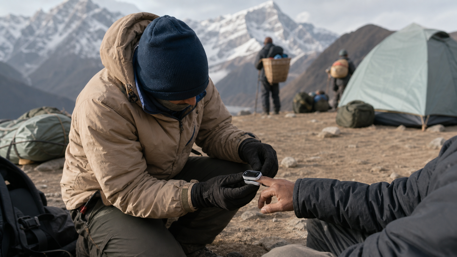 A guide measures a climber's blood oxygen with a pulse oximeter at a mountain campsite.
