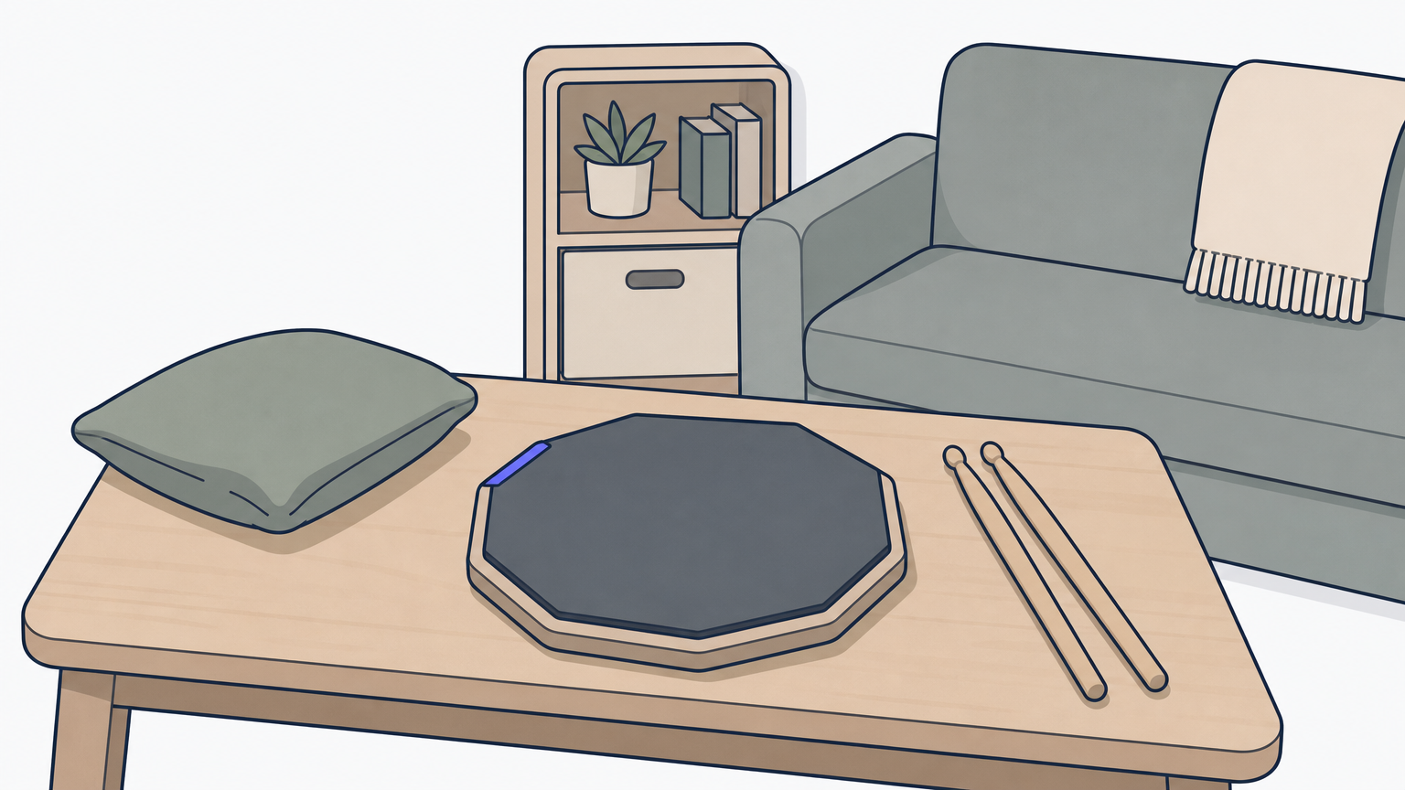 A practice pad, drumsticks, and a pillow arranged on a desk in a small apartment living room.