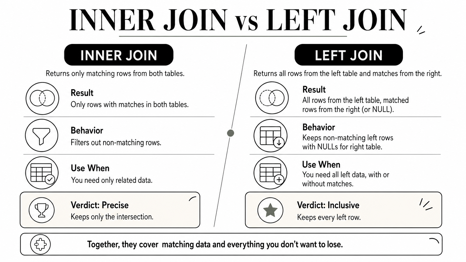Infographic comparing INNER JOIN and LEFT JOIN results with a verdict for each.