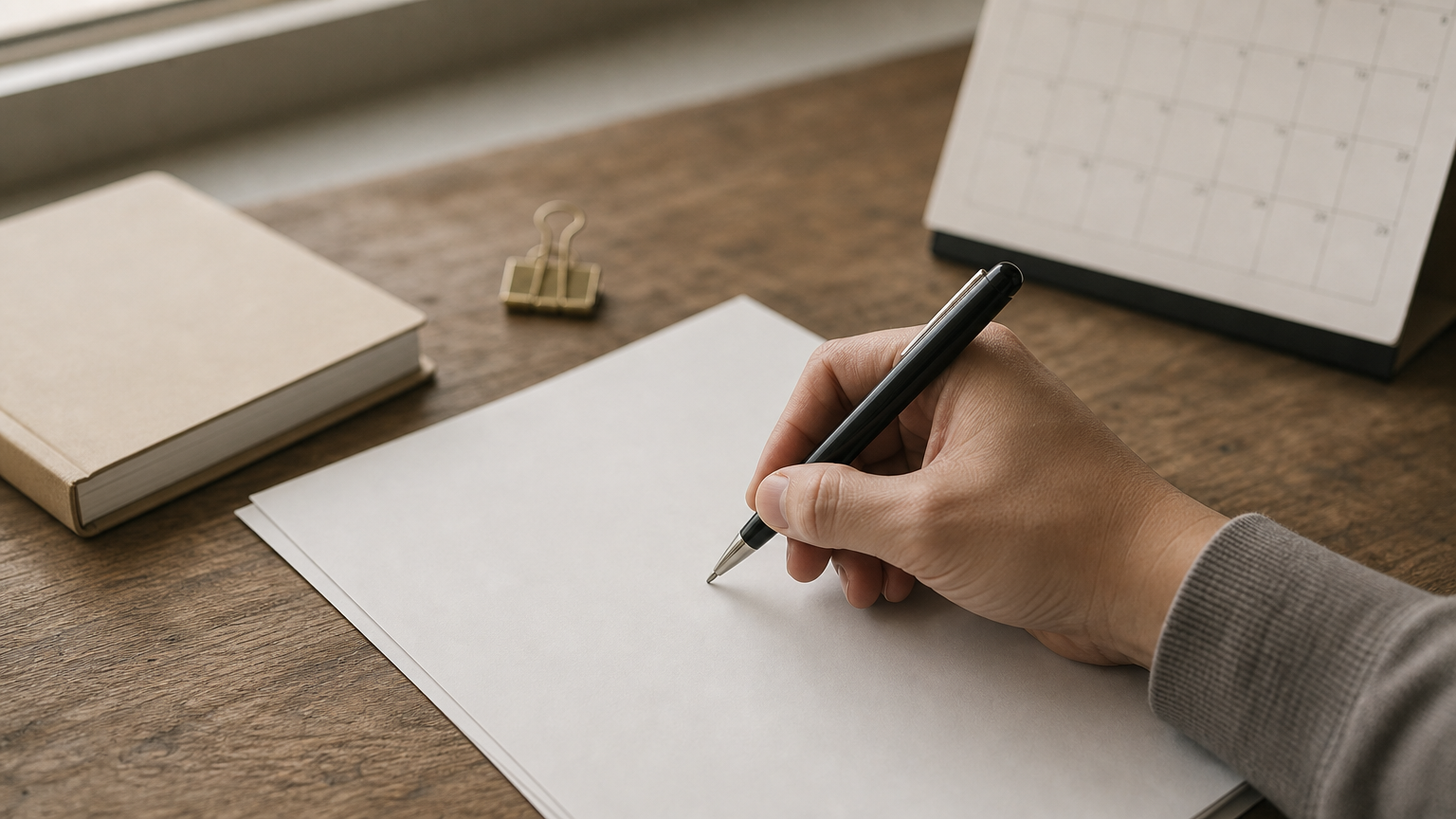 A hand writing on a formal notice document beside a tenancy agreement and a calendar.