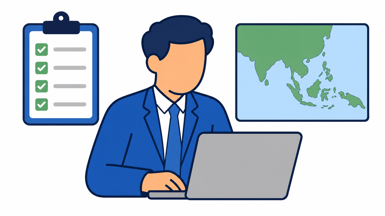 A compliance officer reviews merchant documents with a regional map in the background.