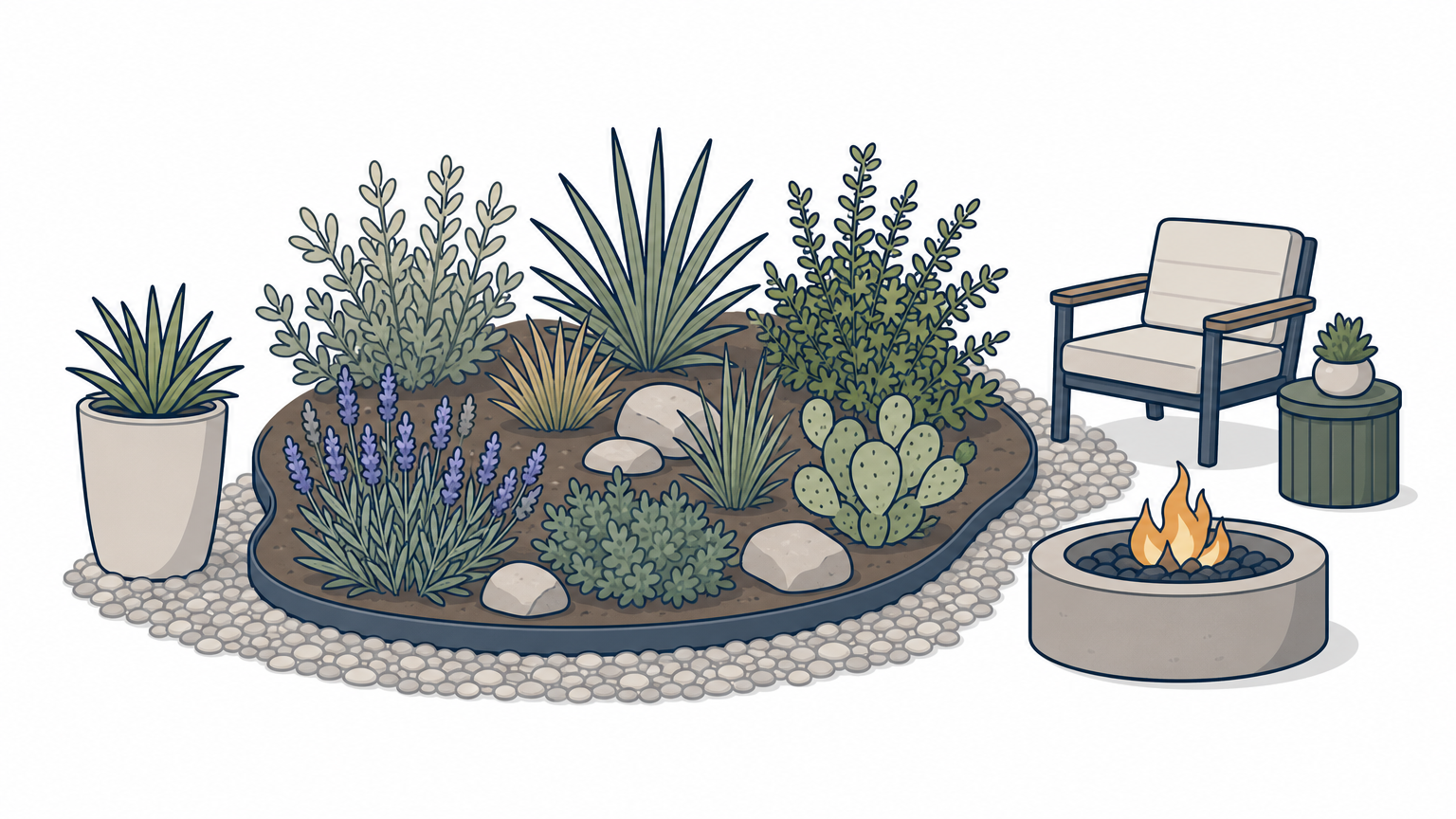 A compact urban backyard landscaped with native plants, gravel borders, and a small fire pit.