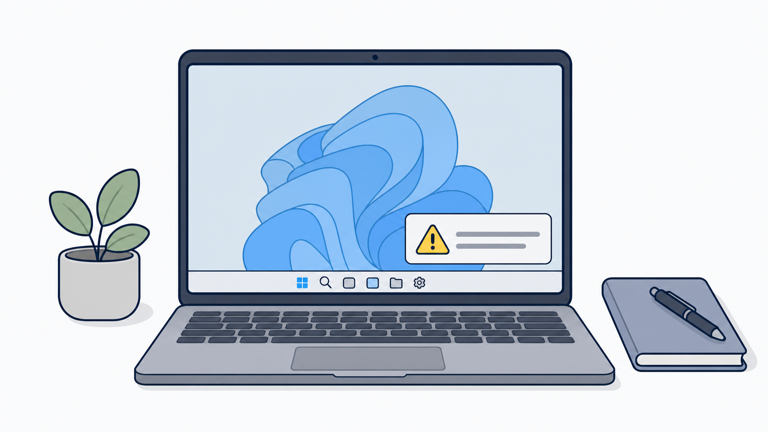 Laptop zeigt einen Desktop mit Hinweis auf nicht aktiviertes Windows und ein Warnsymbol.