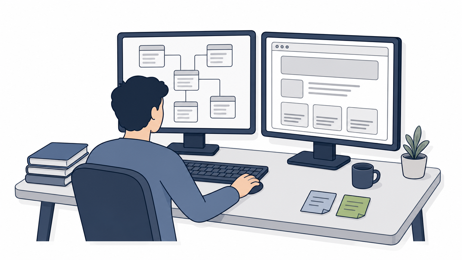 A developer works at a desk with monitors showing both a database schema and a website interface.