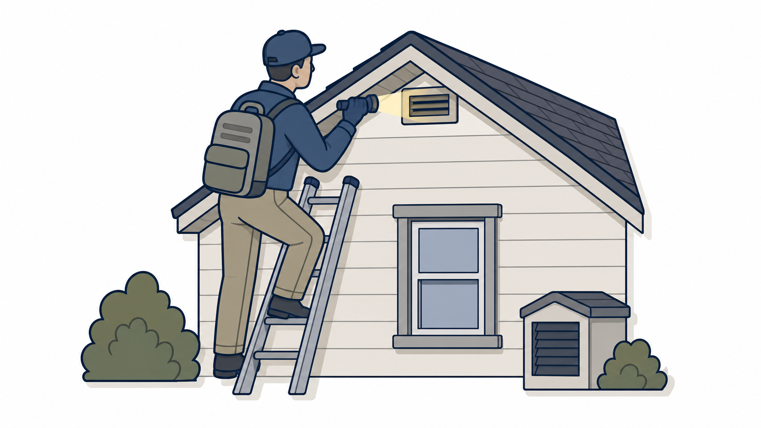 A technician with a flashlight inspects a home's roofline and vents for rodent entry points.