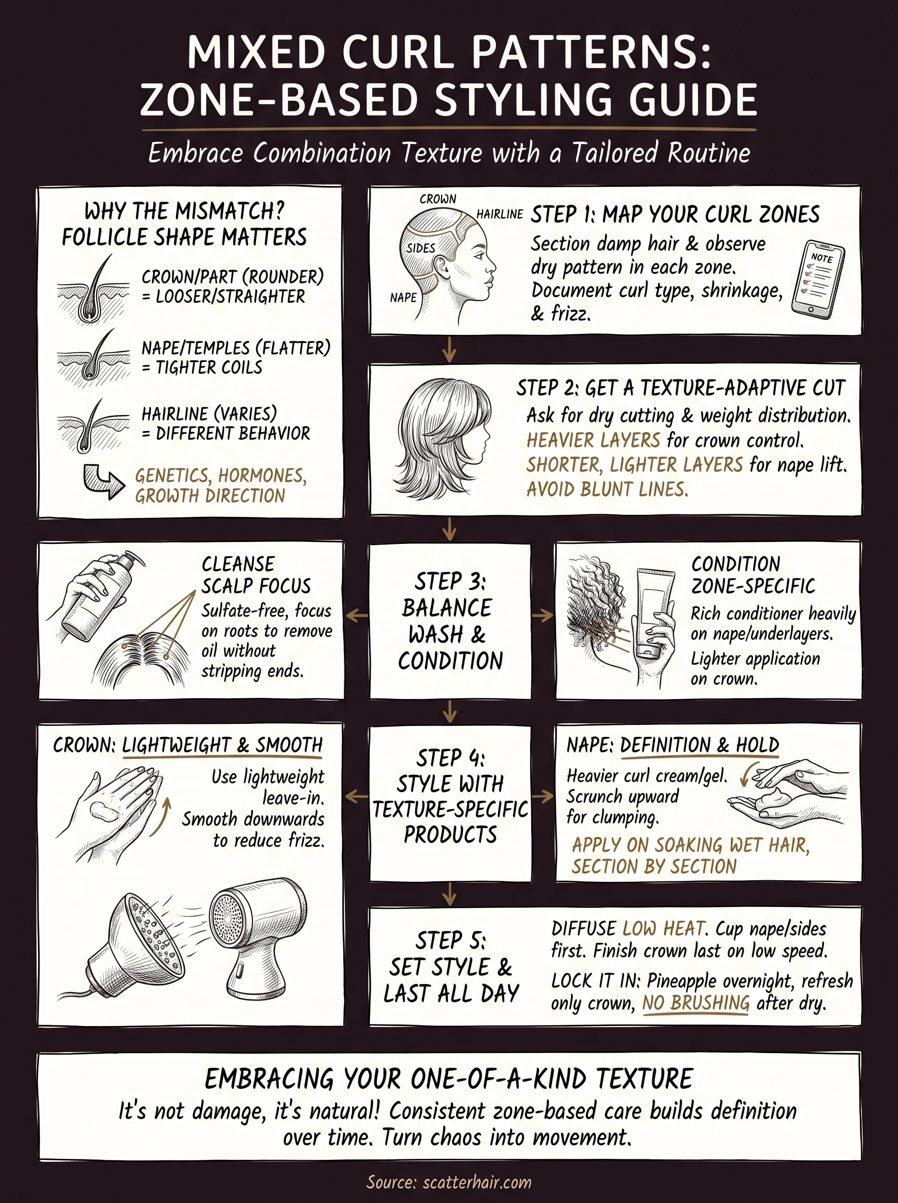 curly and straight hair mixed how to style infographic