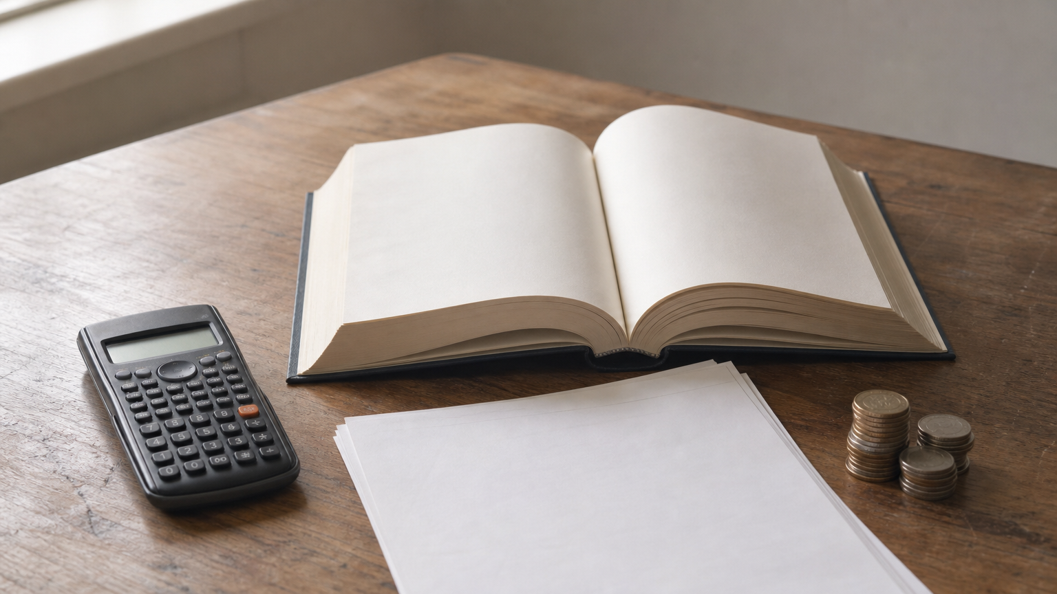 A calculator, coins, and a price quote sheet placed beside an open math textbook on a desk.